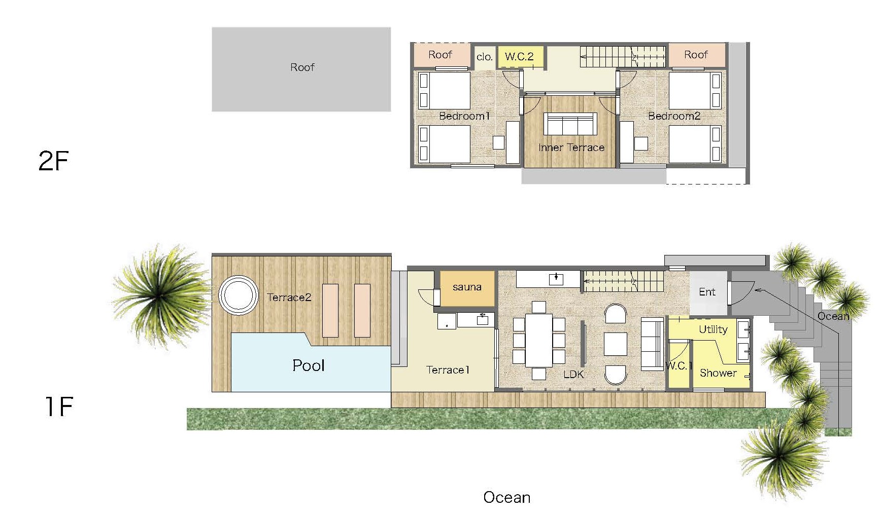 OCEAN棟 間取り図（1F・2F）